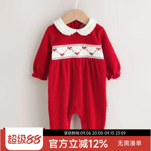 现货英国NEXT童装婴儿女宝宝新年款红色天鹅绒连体衣公主爬服哈衣