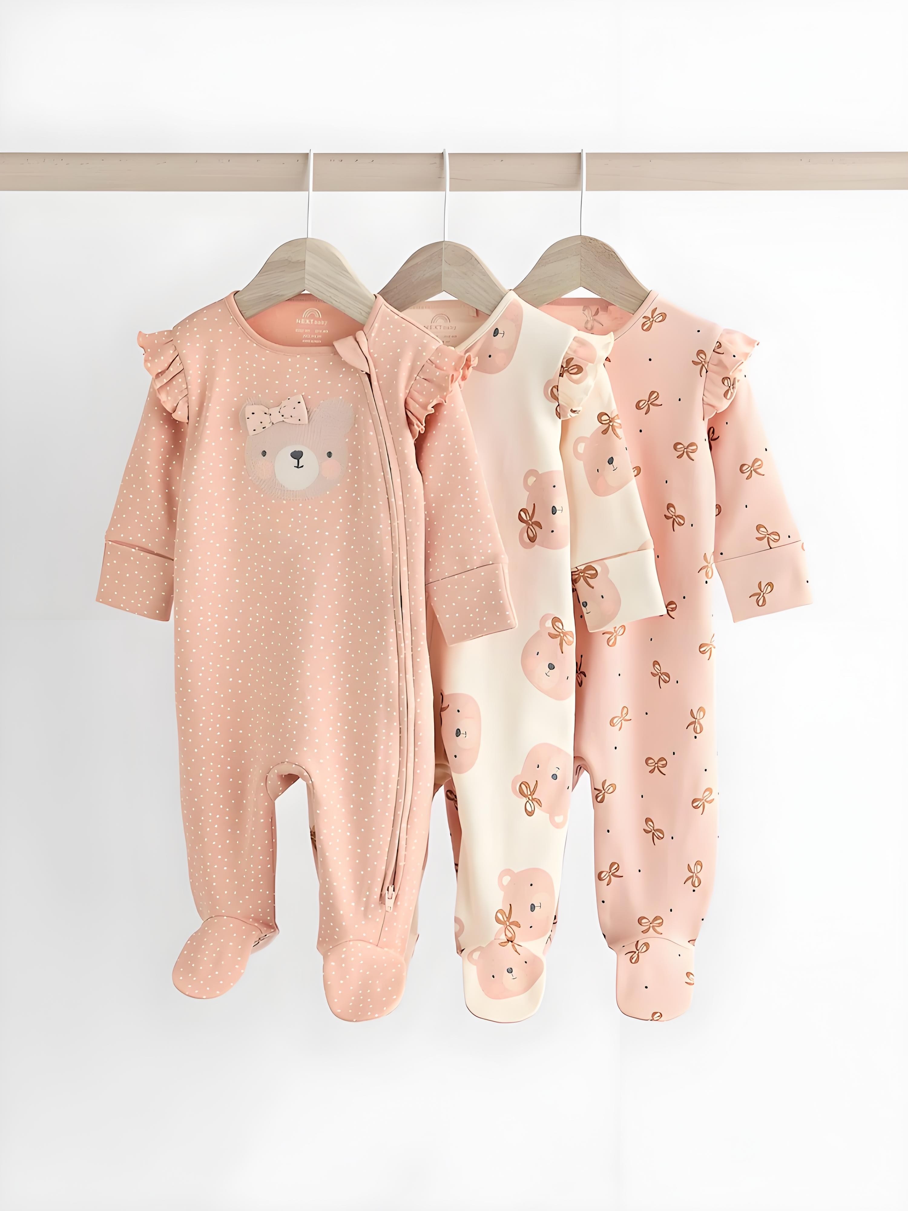 现货英国NEXT新生婴儿女宝宝春秋小熊长袖包脚双向拉链连体衣爬服