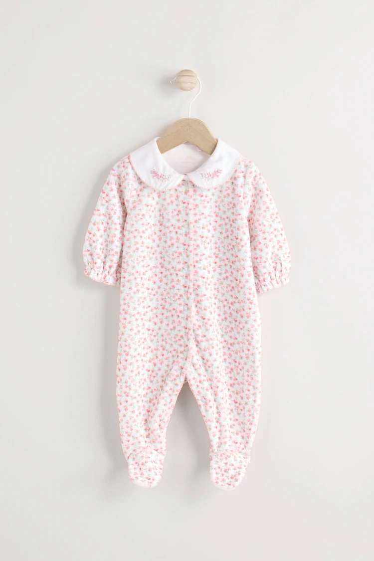 英国next童装女宝宝新生婴儿粉色花朵丝绒连体衣睡衣连身衣外出服