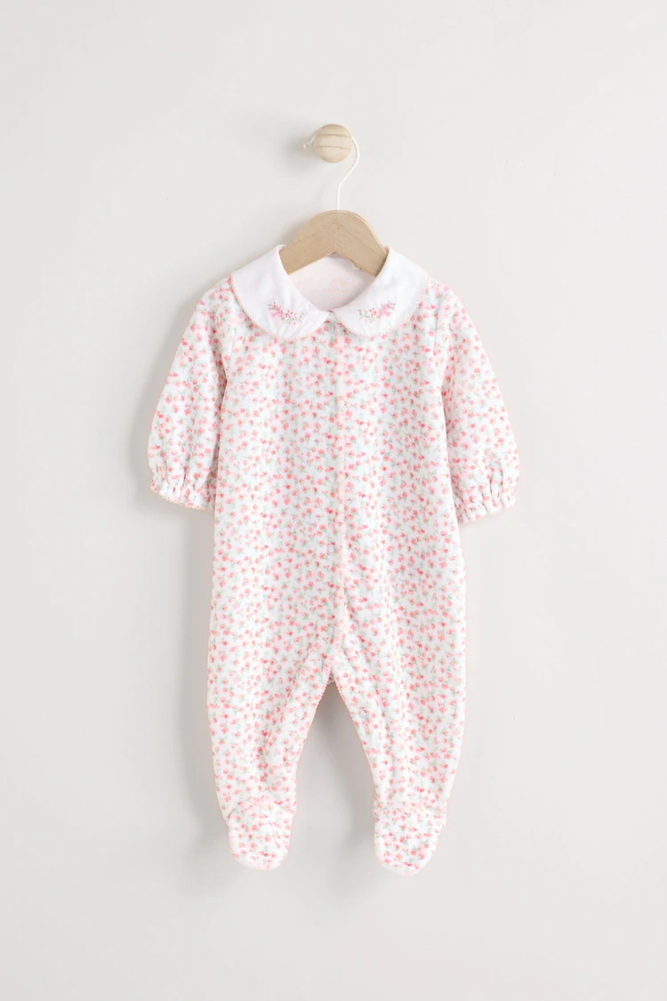 英国next童装女宝宝新生婴儿粉色花朵丝绒连体衣睡衣连身衣外出服