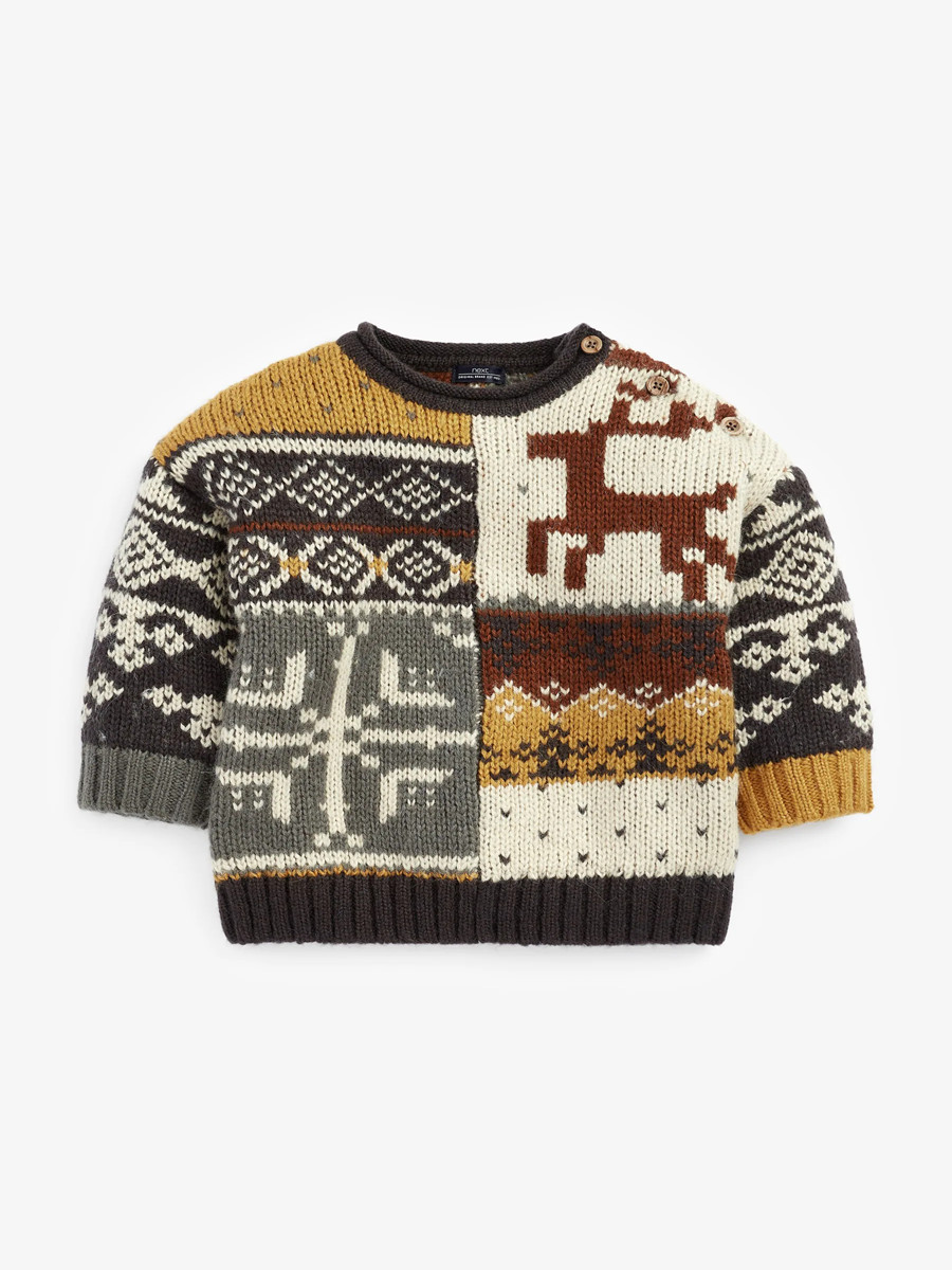 现货英国NEXT正品童装男童拼接圣诞麋鹿保暖套头毛衣含羊毛针织衫