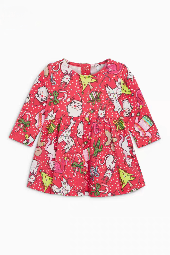 现货英国next女宝宝全棉百日长袖连衣裙公主裙圣诞老人红色连衣裙