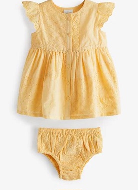 现货英国Next童装正品春夏新款女婴女宝宝黄色纯棉刺绣连衣裙子