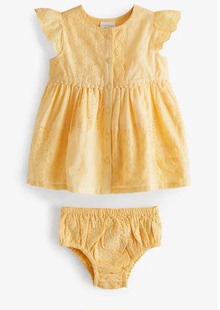 现货英国Next童装正品春夏新款女婴女宝宝黄色纯棉刺绣连衣裙子