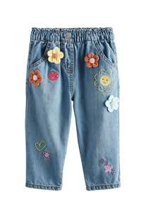 现货英国NEXT童装新款春女童中蓝色丹宁花卉图案长裤儿童牛仔裤子