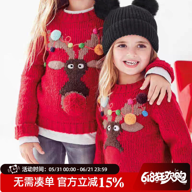 现货清仓英国Next童装正品女童宝宝红色圣诞毛衣新年麋鹿针织衫