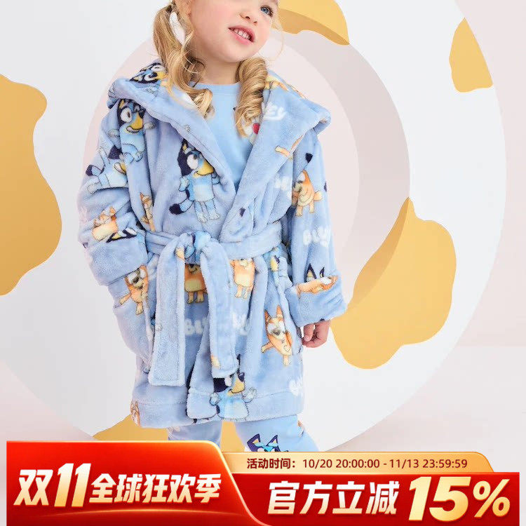 现货英国Next童装女童宝宝布鲁伊抓绒连帽家居袍睡袍儿童浴袍浴衣