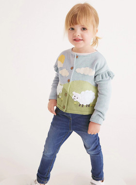 现货英国next童装女童可爱蓝色绵羊开衫宝宝春款毛衣纯棉针织衫