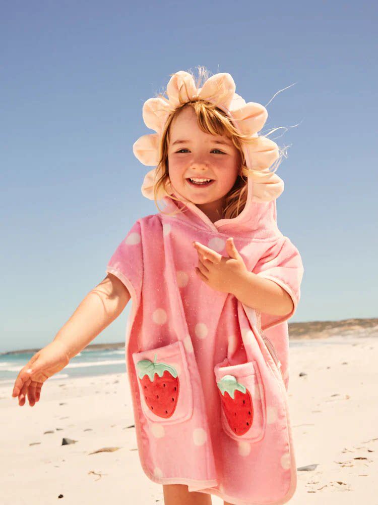 现货英国NEXT新款女童儿童泳袍沙滩披风粉红草莓纯棉游泳斗篷浴袍