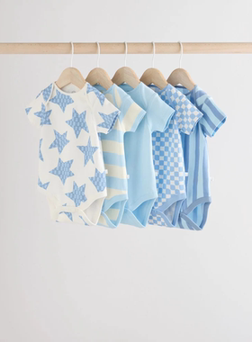 现货英国NEXT婴幼儿纯棉舒适新生宝宝三角哈衣星星夏日短袖包屁衣