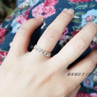 谢家银匠99足银男女对戒复古戒指 时尚食指指环圈平面银情侣戒指