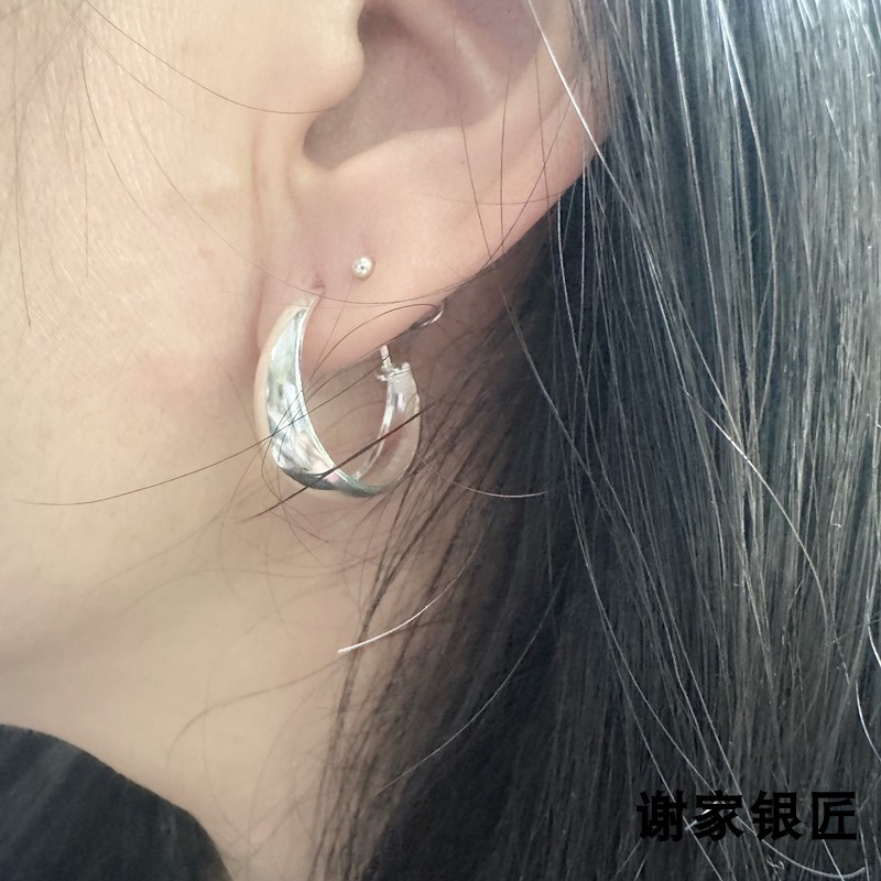 谢家银匠足银老人百搭圆环耳圈图片
