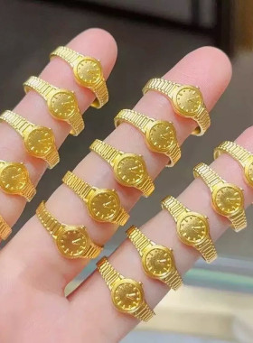 520金表开口戒指男女仿黄金小众轻奢高级感钛钢指环配饰沙金饰品