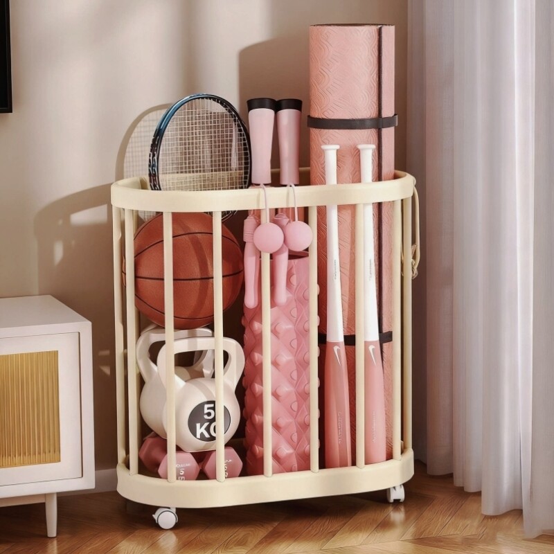 瑜伽垫收纳筐家用放篮球类带轮收纳框运动健身器材工具整理置物架
