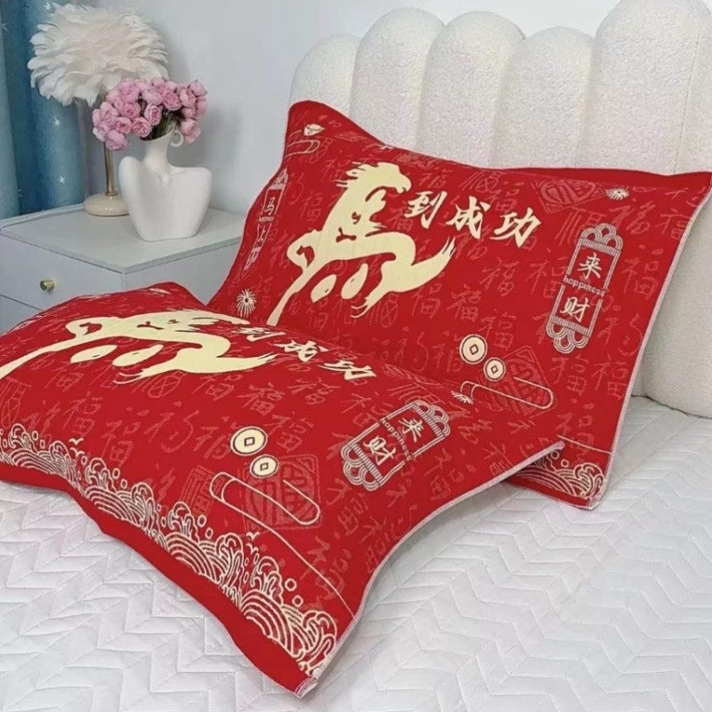 马年喜庆大红加厚八层纯棉纱布枕巾一对装高档卡通可爱全棉枕头巾