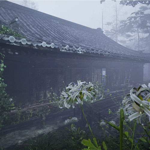 UE5虚幻 写实中国风建筑古寺庙树灌木转生寺古风彼岸花场景