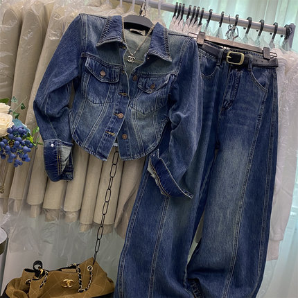 2026春季新款美式复古弧形下摆短款牛仔外套高腰显瘦阔腿裤两件套