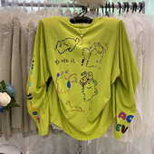 韩版 上衣 中长款 慵懒风长袖 上衣女宽松显瘦圆领卡通趣味印花防晒衫