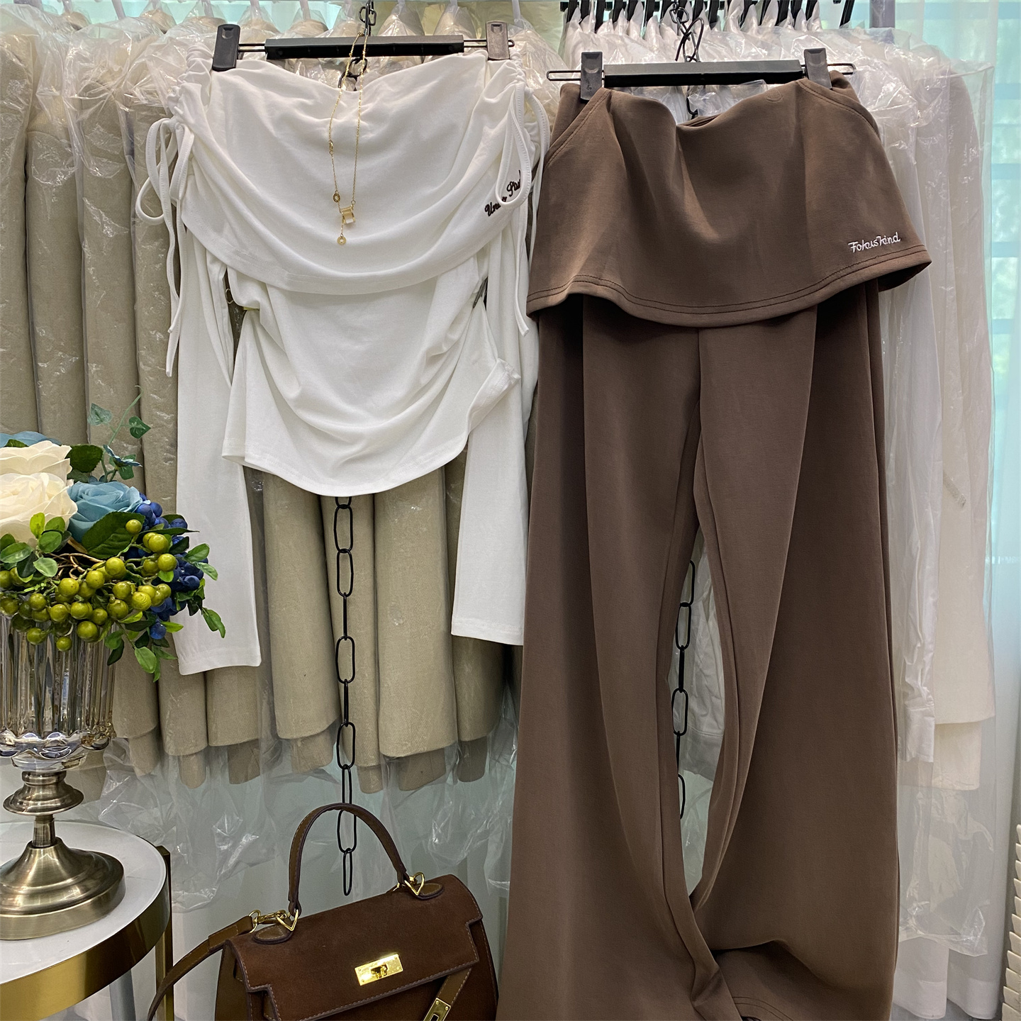 屁帘拼接高腰阔腿裤垂感长裤套装