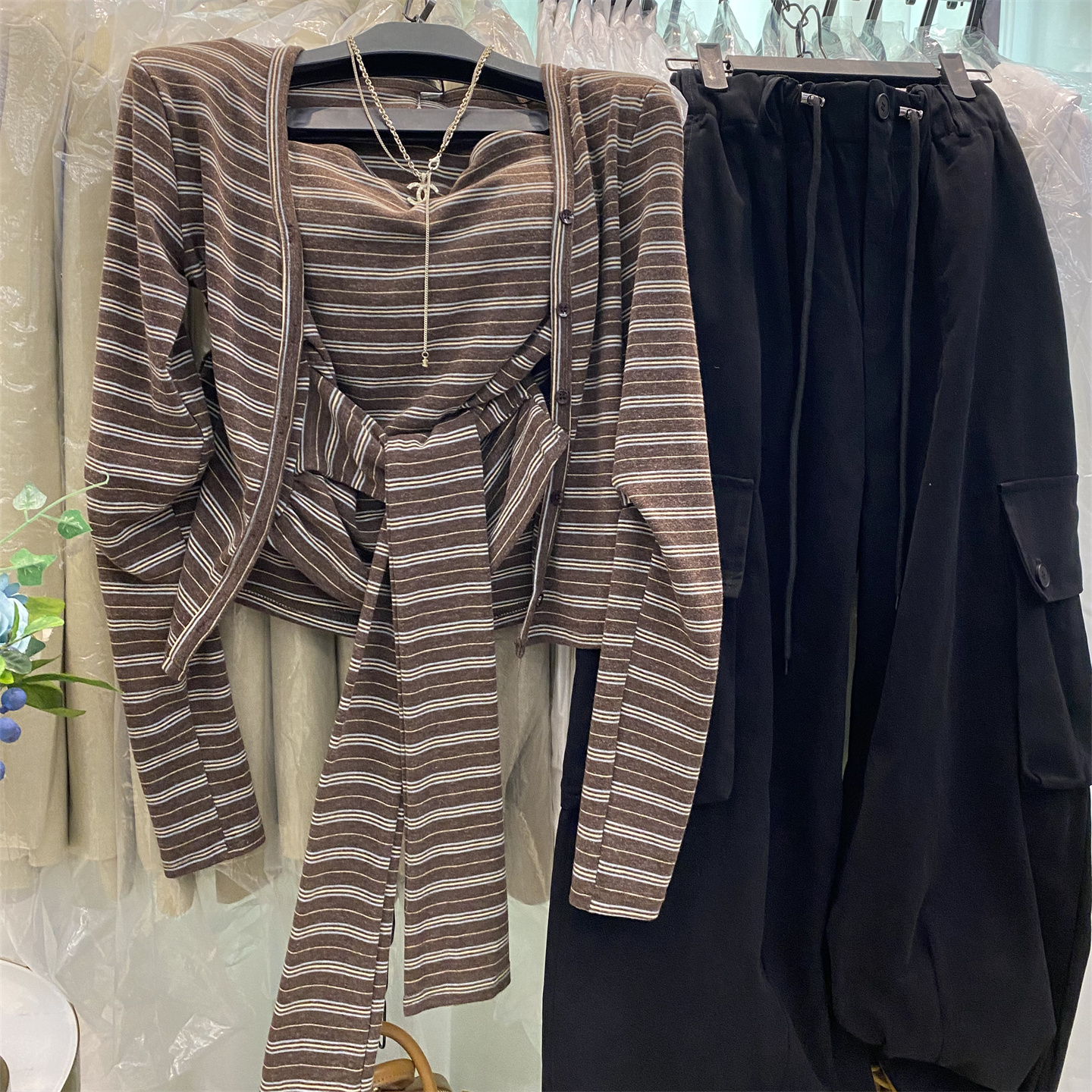 条纹绑腰抹胸搭长袖开衫两件套女