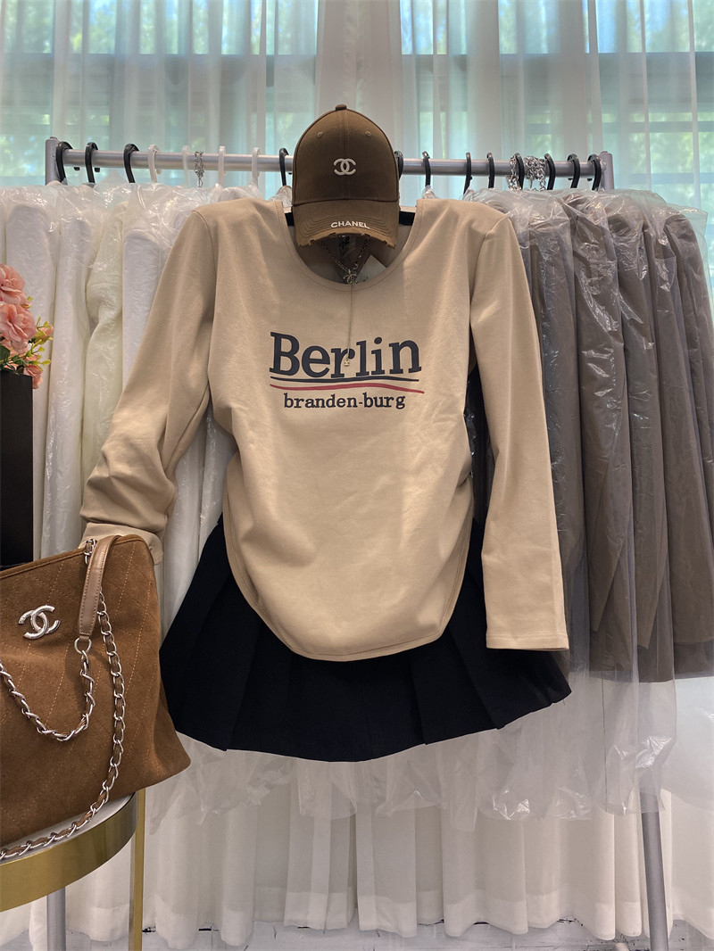 字母印花正肩t恤女咖色长袖加厚磨毛加绒V领中长款打底衫内搭上衣