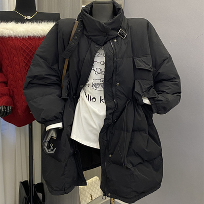立领中长款抽绳收腰过膝羽绒服女