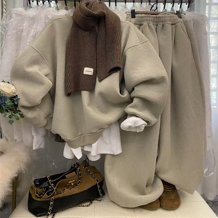 韩版慵懒风加绒卫衣套装圆领套头保暖上衣搭裤脚抽绳阔腿裤两件套