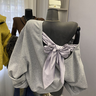 韩系纯欲慵懒新款 百搭蝴蝶结系带露肩卫衣设计感宽松显瘦上衣 时尚