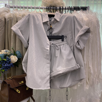 慵懒风小个子套装女百搭宽松时尚牛仔短袖衬衫外套高腰短裤两件套