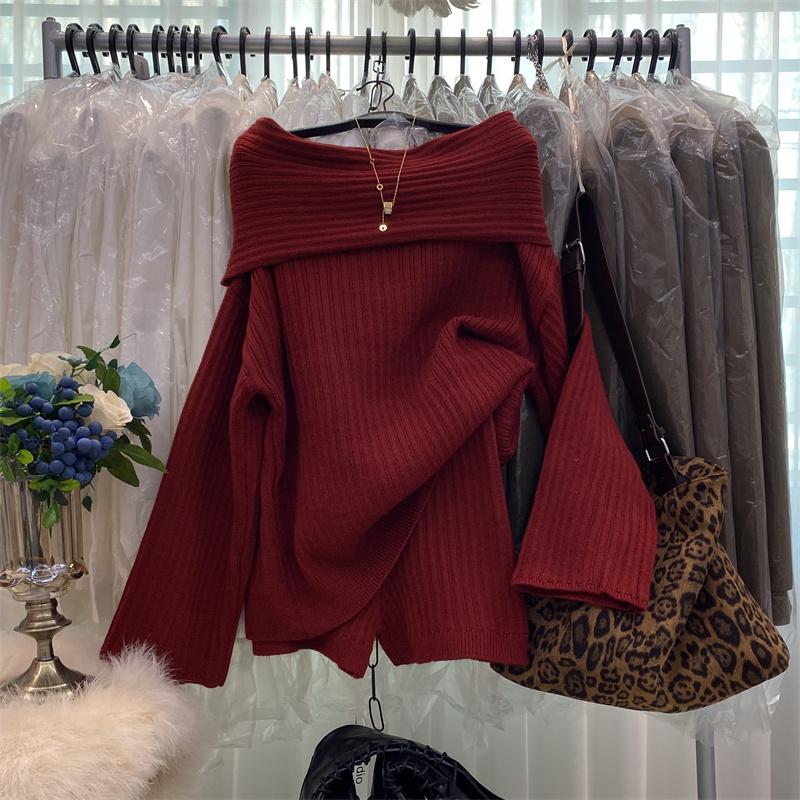 一字肩宽松毛衣修身短裤两件套女