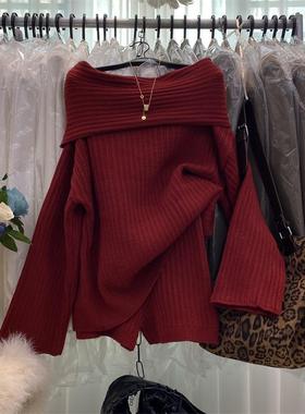 美式复古套装女设计感一字肩红色宽松针织毛衣修身毛织短裤两件套