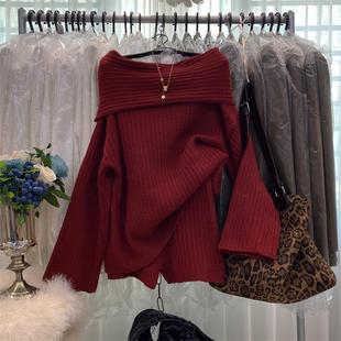 美式复古套装女设计感一字肩红色宽松针织毛衣修身毛织短裤两件套