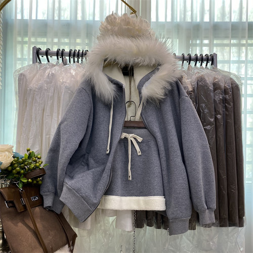 加绒长袖连帽卫衣半身裙两件套女