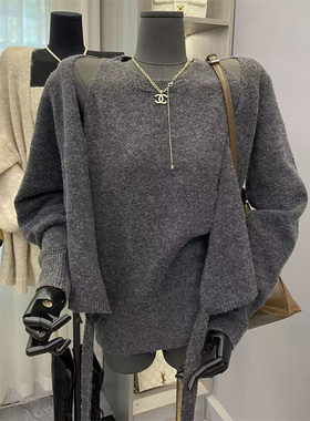 特价chic小众气质圆领针织背心设计感交叉绑带长袖毛衣假两件上衣