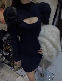 假两件套针织连衣裙女2025春秋纯色内搭打底气质收腰修身 显瘦裙子