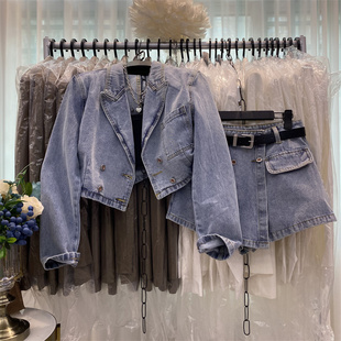 韩国东大门复古西装领长袖短外套裙裤牛仔套装时尚气质显瘦两件套