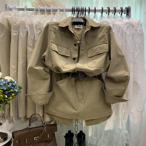 收腰翻领长袖工装牛仔连衣裙短裙