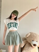 高腰A字半身裙套装 2024夏装 洋气时尚 复古格子短裙子配背心短上衣