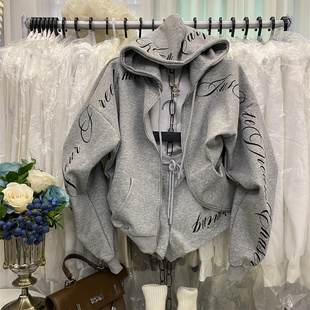 热裤 卫衣搭短裤 两件套 女慵懒连帽休闲复古开衫 小个子辣妹穿搭套装