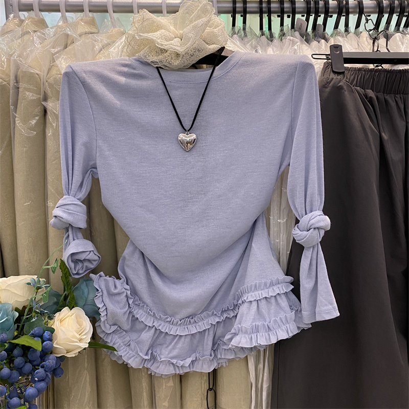 特价韩版芭蕾甜美风花边长袖T恤女新款修身显瘦薄款糖果色上衣潮