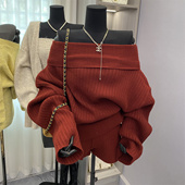 美式 两件套 毛织短裤 复古套装 女设计感一字肩红色宽松针织毛衣修身