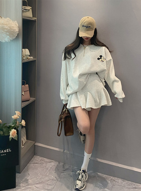 灰色圆领炸街chic港风卫衣配短裙套装 小个子A字鱼尾半身裙两件套