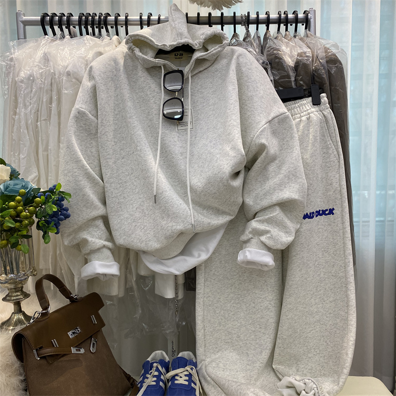 韩国贴布时尚宽松炸街美式连帽灰色卫衣套装女春秋哈伦休闲运动裤
