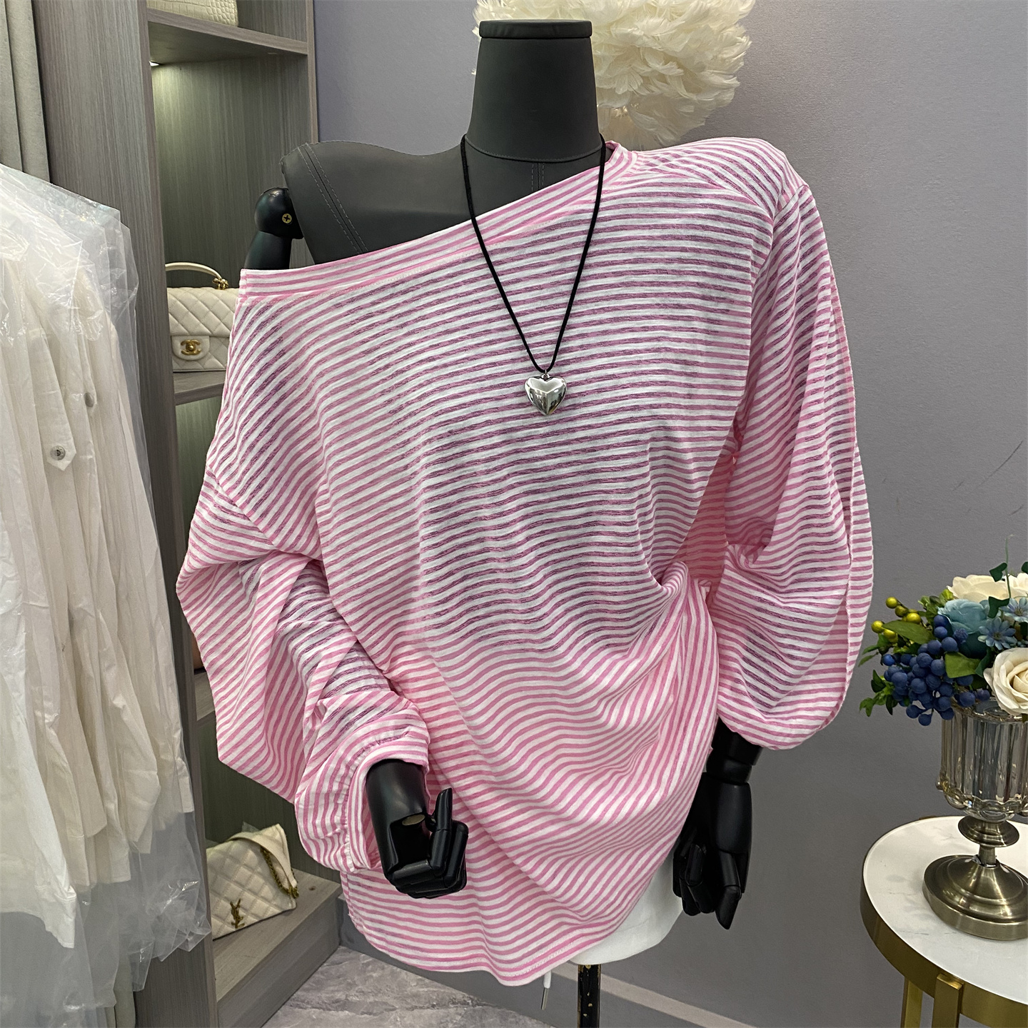 条纹一字露肩宽松长袖防晒T恤女