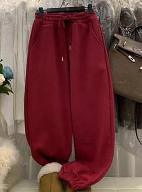 韩国东大门洋气时尚红色直筒裤子秋冬加厚加绒净版卫裤收口哈伦裤