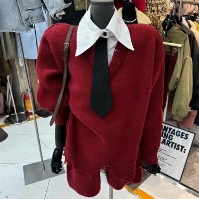 衬衫领毛边毛衣搭毛线短裤套装女