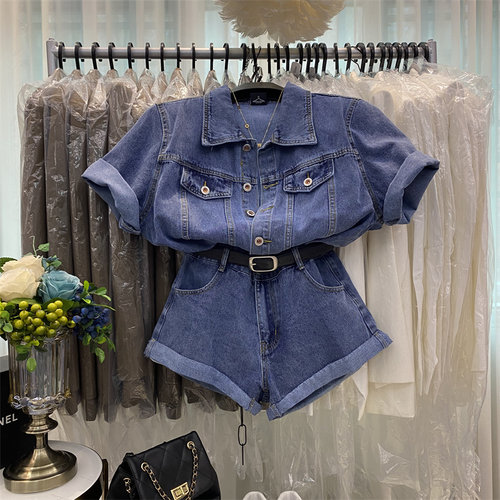小个子工装短袖牛仔连体短裤女潮