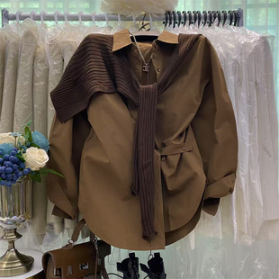 翻领慵懒风外套纯色侧纽扣衬衫 韩版 针织披肩两件套女 新款 2026春季