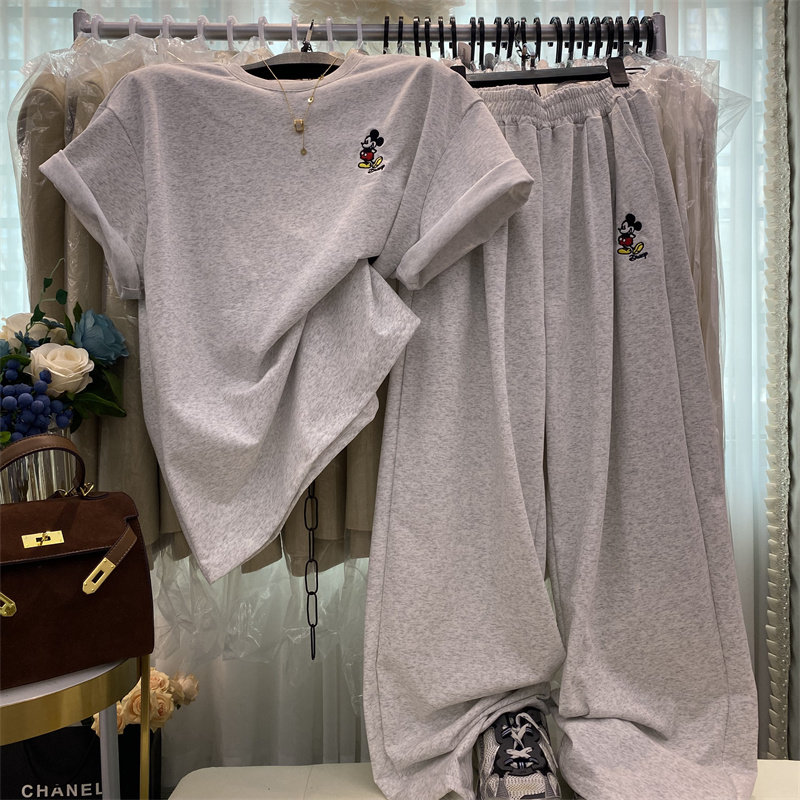 洋气小卡通刺绣大版宽松短袖T恤女装2026新款高腰休闲阔腿裤套装