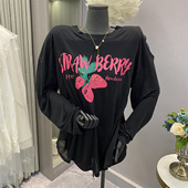 韩国东大门夏季 圆领长袖 防晒T恤女薄款 特价 草莓印花宽松罩衫 上衣